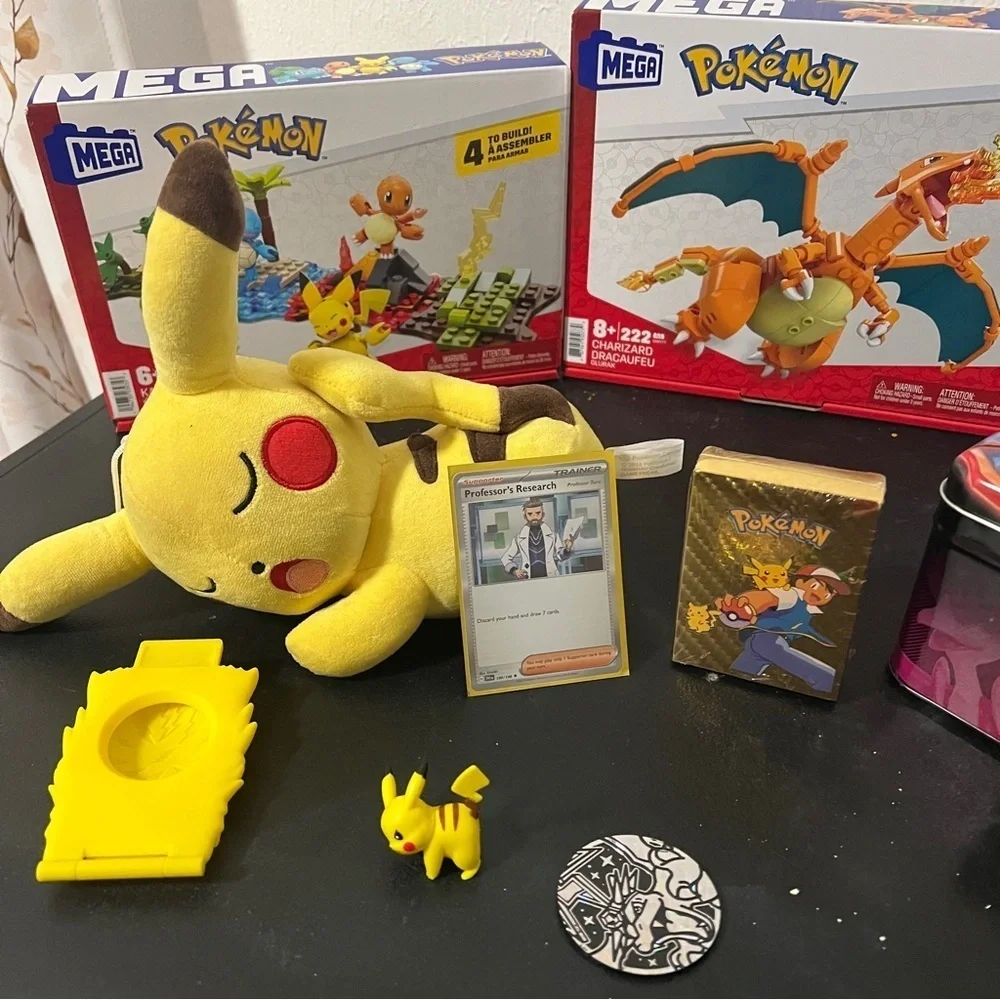 Mega Lego Charmander Pokemon Trading Card Set Pikachu Plush Etc., NWOT & EUC